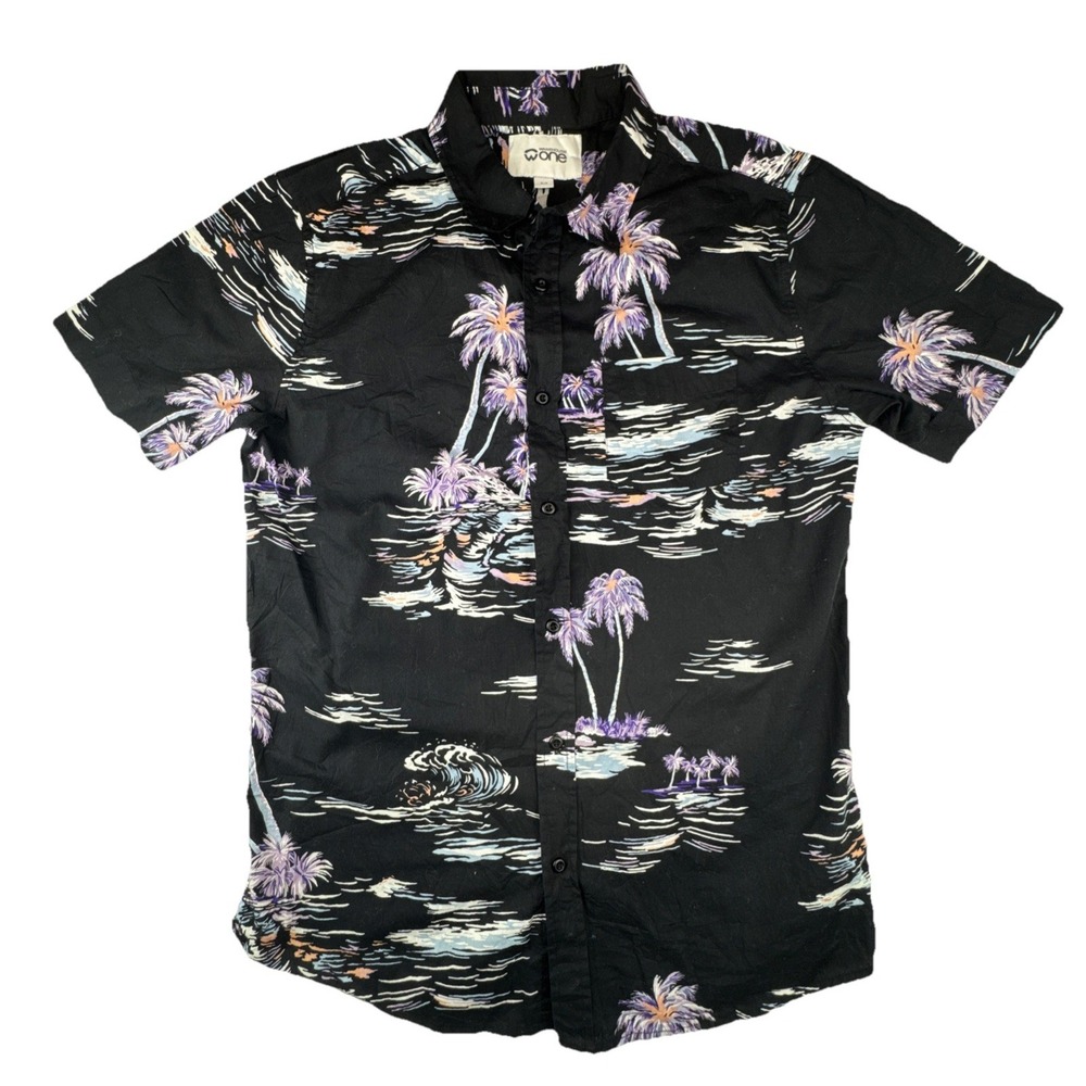 Warehouse One‎ Shirt Small Black Tropical Palm Tree Print Short Sleeve Button Up